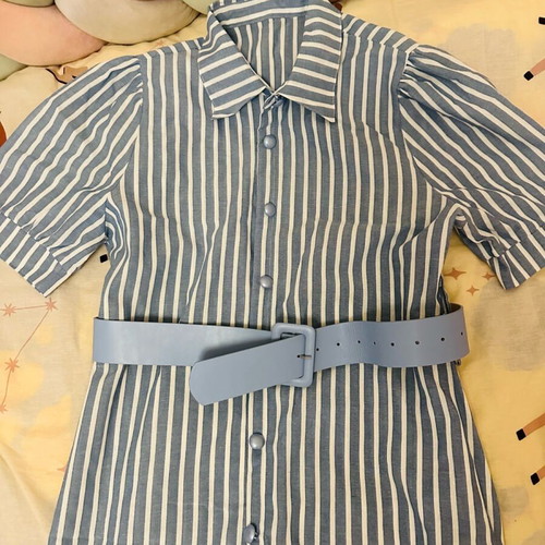 Striped ankle-length dress with belt like new, blue XL