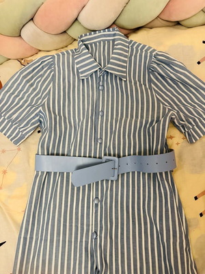 Striped ankle-length dress with belt like new, blue XL