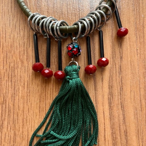 Handmade long necklace new, multicolored with beads and fabric