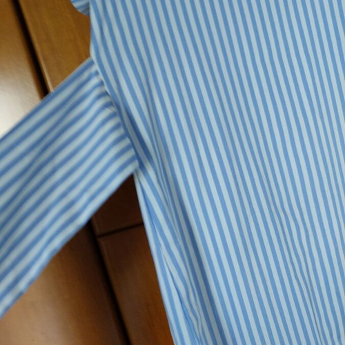 Summer dress with V-neck and long waist ties, blue and white stripes, size M
