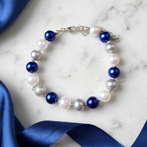 Handmade blue white beaded necklace, earrings and bracelet