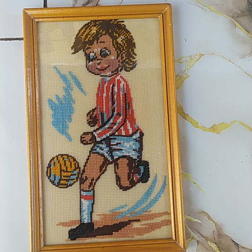Vintage handmade embroidered children's framed textile art