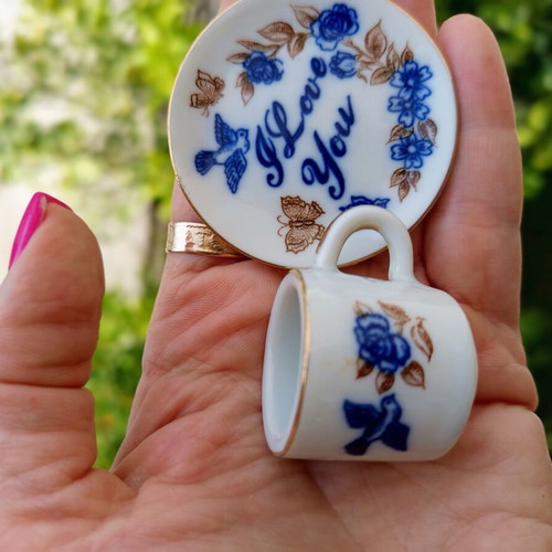 Vintage porcelain miniature set cup and saucer I Love You with gold trim like new