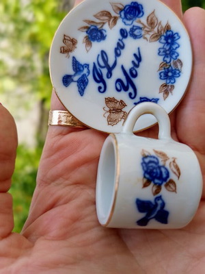 Vintage porcelain miniature set cup and saucer I Love You with gold trim like new
