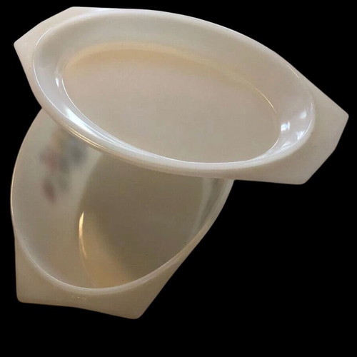 White serving dishes used, oval with lid and large bowl with floral design