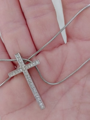 Silver plated cross necklace with rhinestones used, silver color