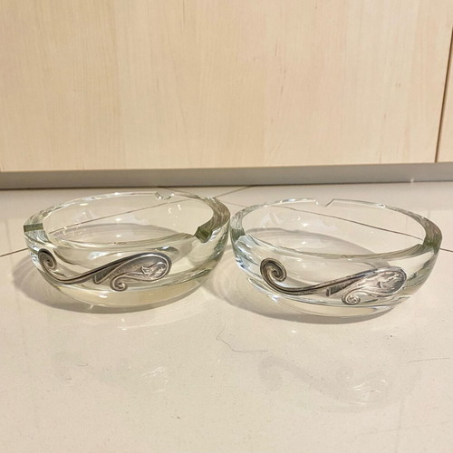 Kosta Boda crystal ashtrays new with silver decoration, set of 2