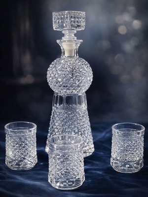 Vintage glass decanter with cubic stopper and 3 glasses 1000 ml