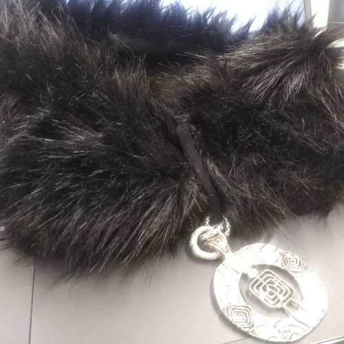 Fur neck warmer like new with metal jewelry, black and silver