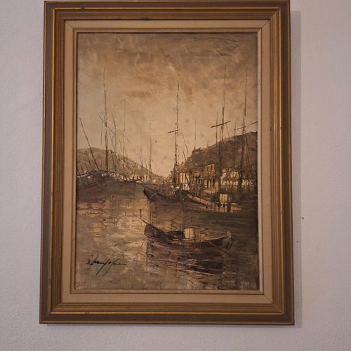 Oil painting used with embossed texture and harbor view