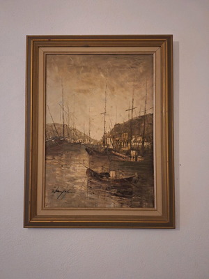 Oil painting used with embossed texture and harbor view