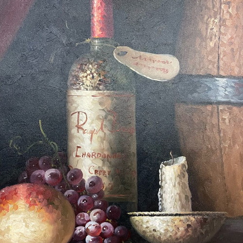 Oil painting used with wine bottle theme in frame