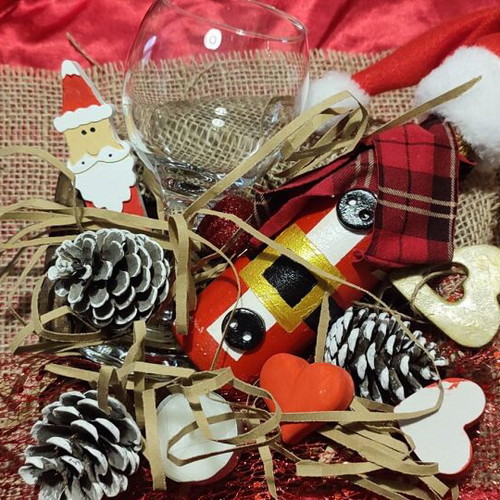 Christmas gift new with wooden tray, wine bottle and decorations