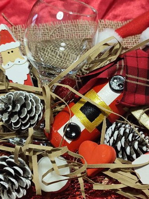 Christmas gift new with wooden tray, wine bottle and decorations