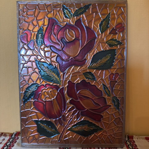 Vintage embossed painting with roses decorative stained glass mosaic