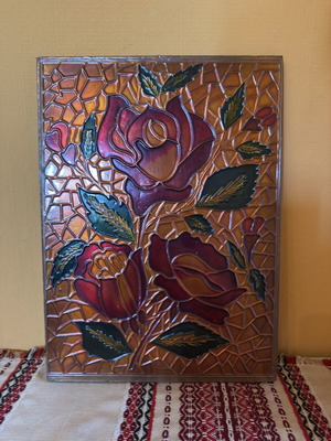 Vintage embossed painting with roses decorative stained glass mosaic
