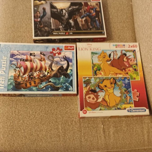 Children's puzzles used, 3-pack with Pirates, Lion King, Batman vs Superman