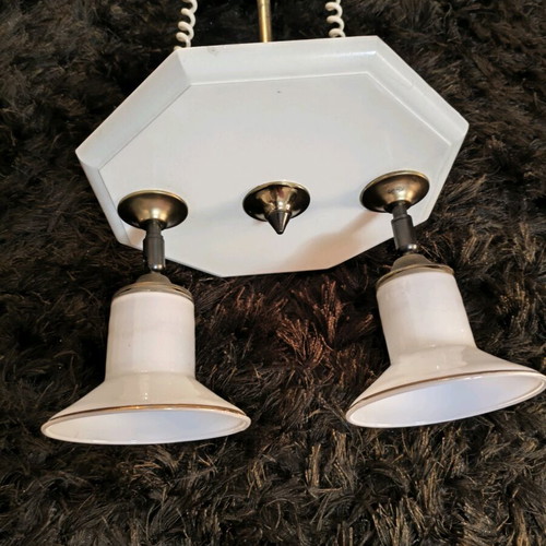 Vintage ceiling light set 4-light and 2-light, brass and opaline glass