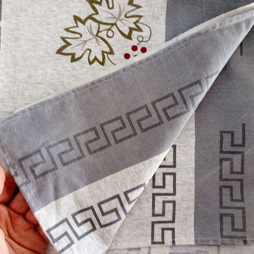 Square grey tablecloth with Greek motifs like new, 134.5 x 133.5 cm
