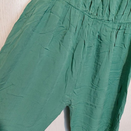 Strapless jumpsuit used, green, soft elastic bust, wide legs
