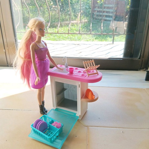 Barbie kitchen and doll with rotating head used