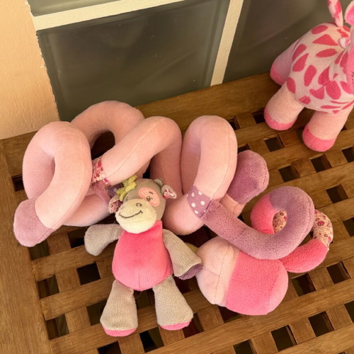 Baby toy set for stroller or crib with pink plush giraffe like new