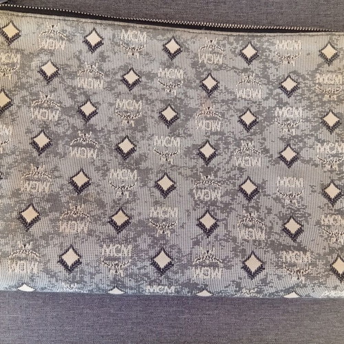 MCM Aren Monogram Jacquard Pouch used, gray charcoal wristlet clutch