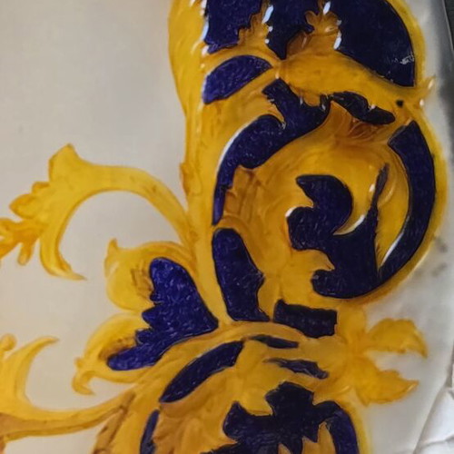 Vintage baroque style platter with gold and blue embossed design, like new