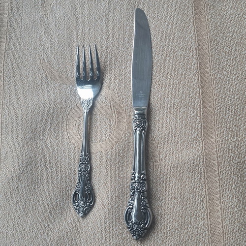 Vintage stainless steel knife and fork set Japan used, floral design