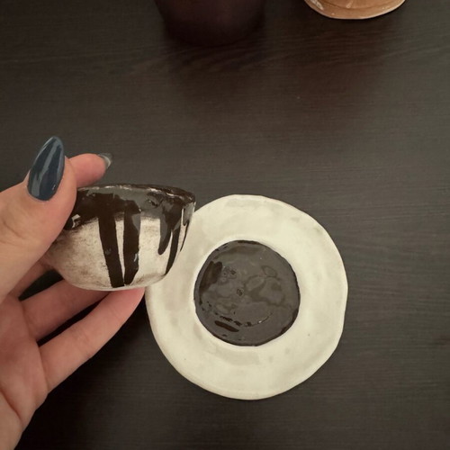 Handmade ceramic espresso cup with plate, new, cream and brown