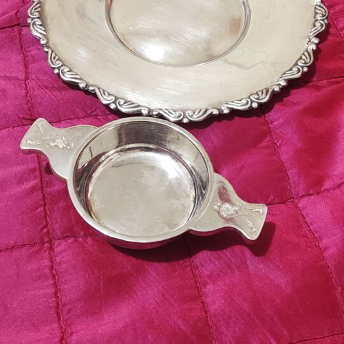 Silver-plated utensils used, bowl and plate with handmade carving