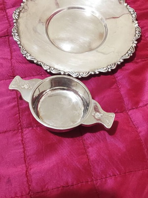 Silver-plated utensils used, bowl and plate with handmade carving
