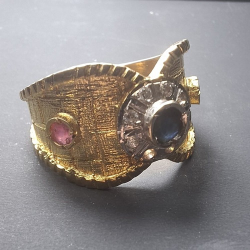 Gold Byzantine ring 14k like new with sapphires, rubies and diamonds