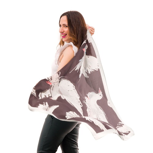 Pigeon Scarf new, silk satin, 90x90 cm