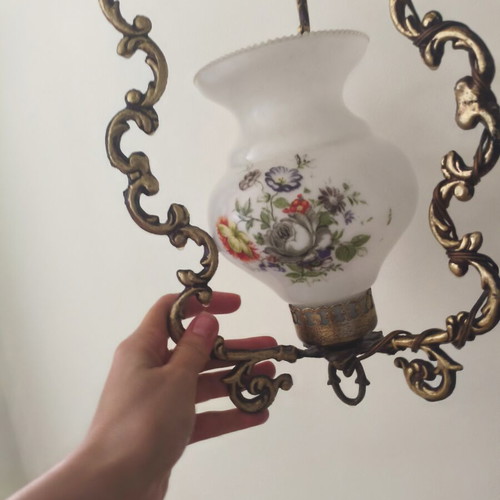 Vintage hanging ceiling lights, set of 2, brass and opaline