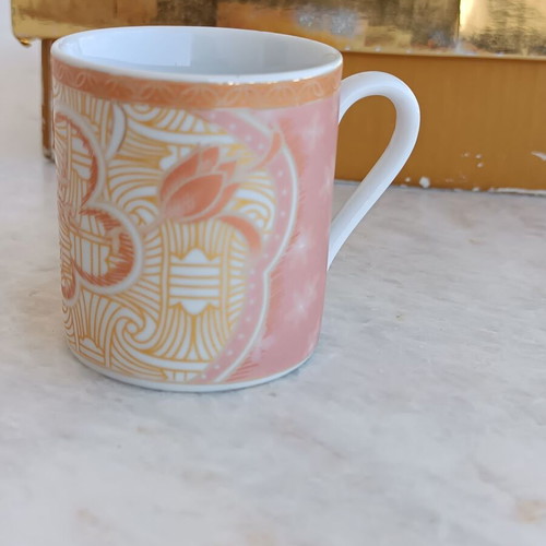 Porcelain cup set new with 6 saucers in pink and orange shades