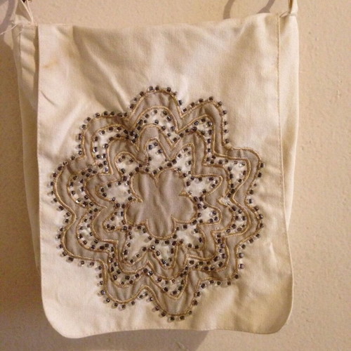 Fabric crossbody bag vintage used with embroidery white and beige