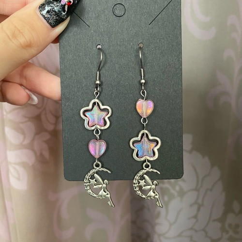 Handmade earrings with fairies and pink beads new