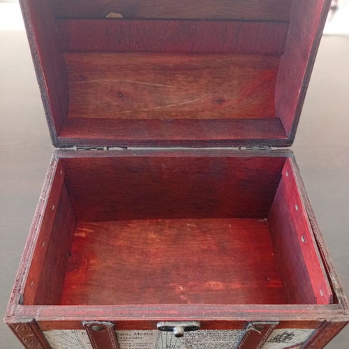 Globe-themed wooden and leather chest like new