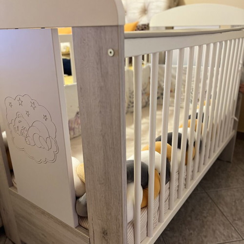 Baby Cot with Mattress like new, convertible white-gray with bear design