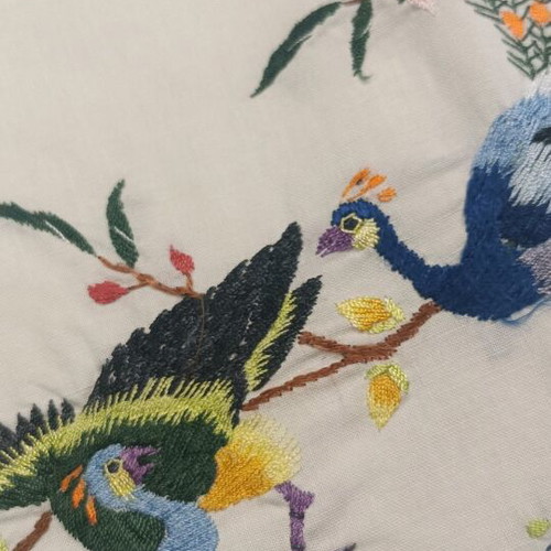 Pillowcases with peacocks used, hand-embroidered 1950s folk art