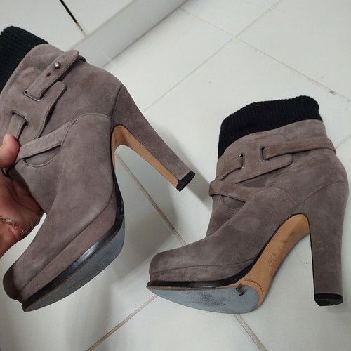 Joan & David Beesley Sweater Cuff Heeled Booties, grey suede, size 39