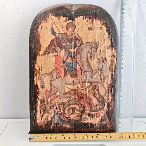 Arched wooden icon Saint George used, Byzantine replica with artificial aging
