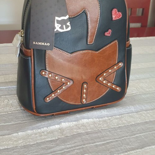 Sammao leather backpack with cat design, brown and black