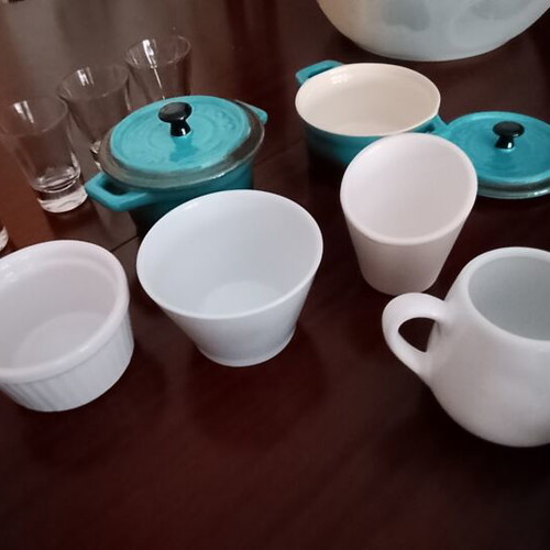Porcelain kitchenware set with ovenproof cookware, cups and shot glasses