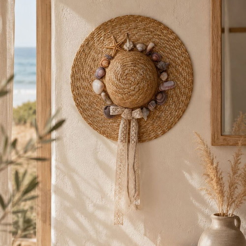 Straw hat handmade with real shells