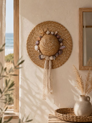 Straw hat handmade with real shells