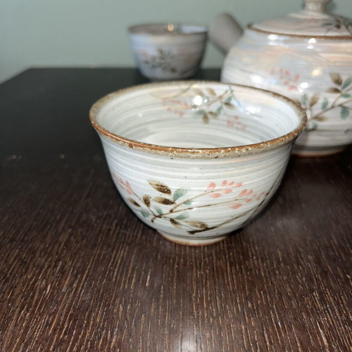 Japanese porcelain tea set with four cups in wooden box