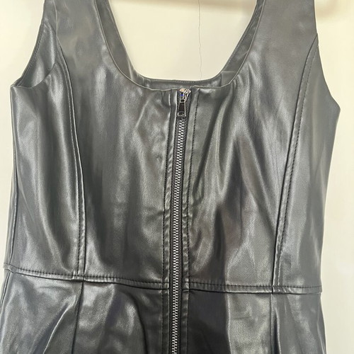 Pink Woman faux leather mini black dress