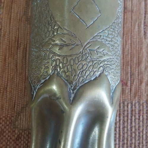 Brass carved flower vase 1945 used, height 17 cm, diameter 8 cm